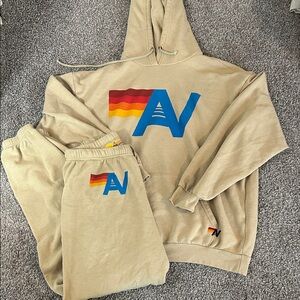 Aviator Nation Like new Beige Hoodie and Sweatpants Set with Blue and Red Logo